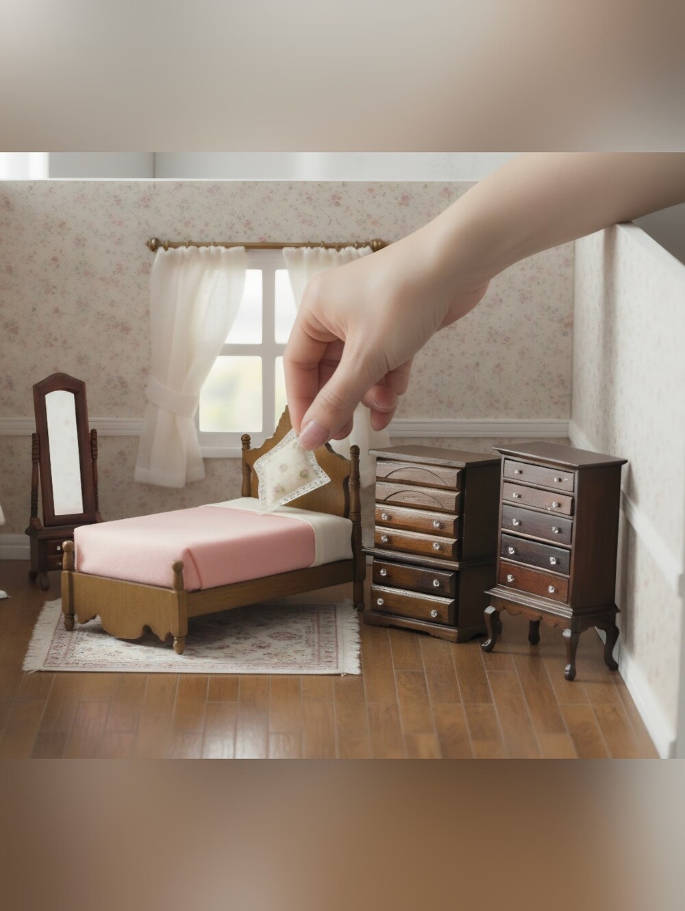 Vintage Wooden Dollhouse 4 PC Bedroom set 1:12 Scale